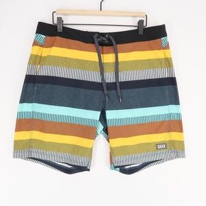 Saxx Betawave Board Shorts Mens 34 Yellow Striped Ballpark Pouch 2n1 Swim